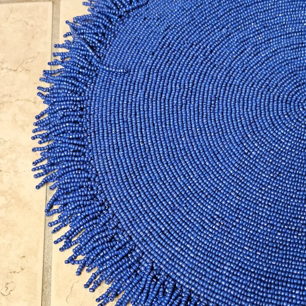 RARE KIM SEYBERT SUMMER BEACH OCEAN NAUTICAL CORAL BLUE FRINGE BEADED PLACEMAT